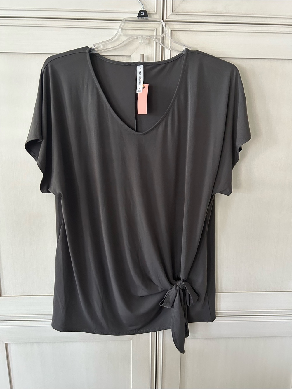 Zenana Outfitters Charcoal Tie-Front V-Neck Short Sleeve Top